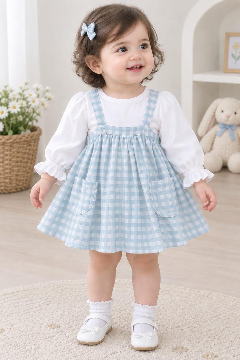 Toddler Sky Blue Checkered Pinafore Dress Set