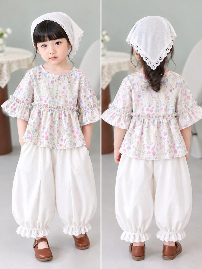Pastel Bloom Girls Outfit Set with Scarf