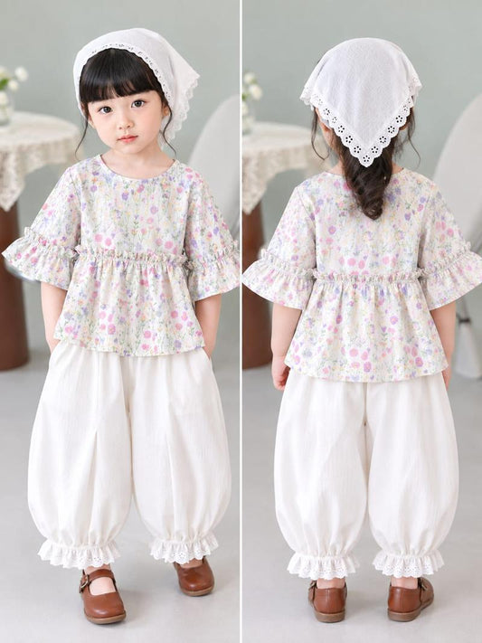 Pastel Bloom Girls Outfit Set with Scarf