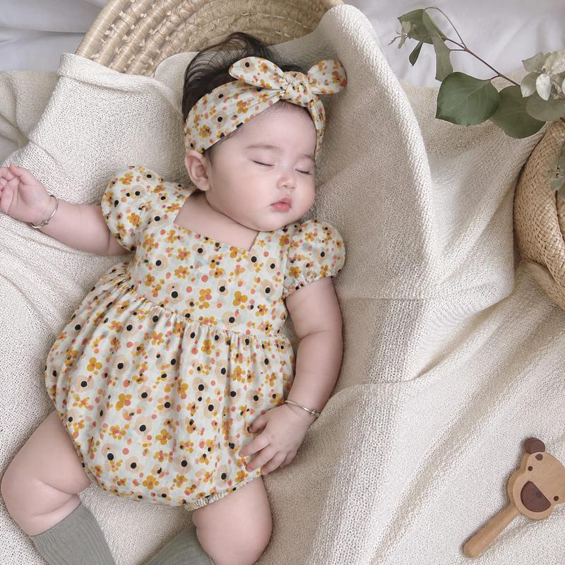 Golden Blossom Sq-Neck Bubble Romper