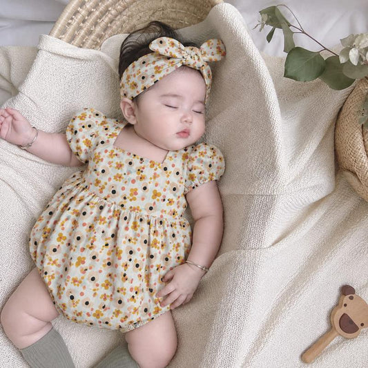 Golden Blossom Sq-Neck Bubble Romper