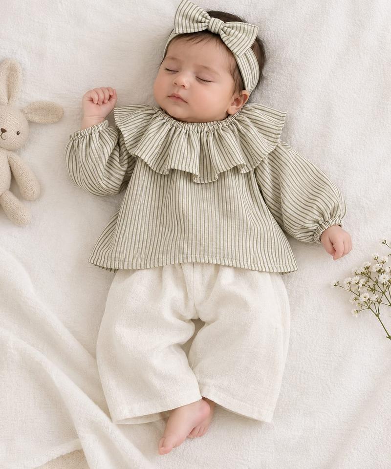 Sage Green Stripe Ruffle Collar Top & Trouser Set