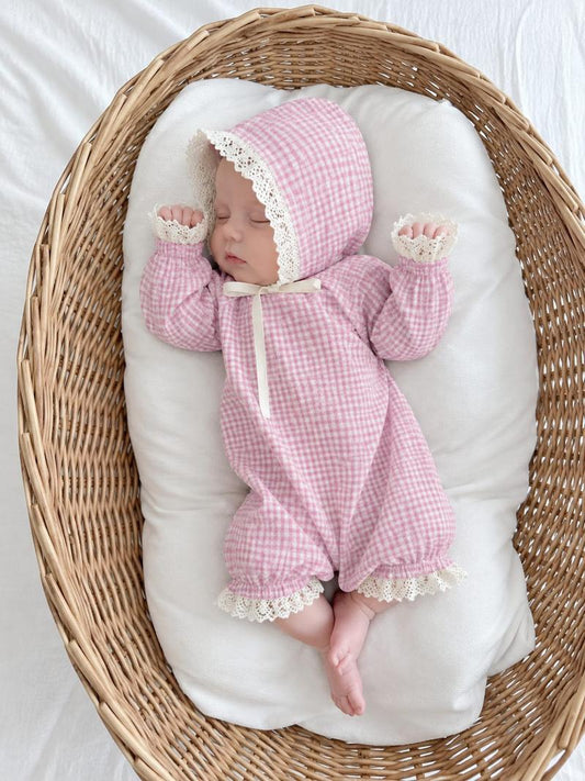 Vintage Soft Pink Gingham Lace Romper Set