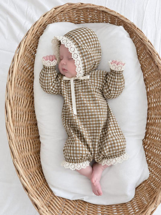 Vintage Olive-Brown Gingham Lace Romper Se