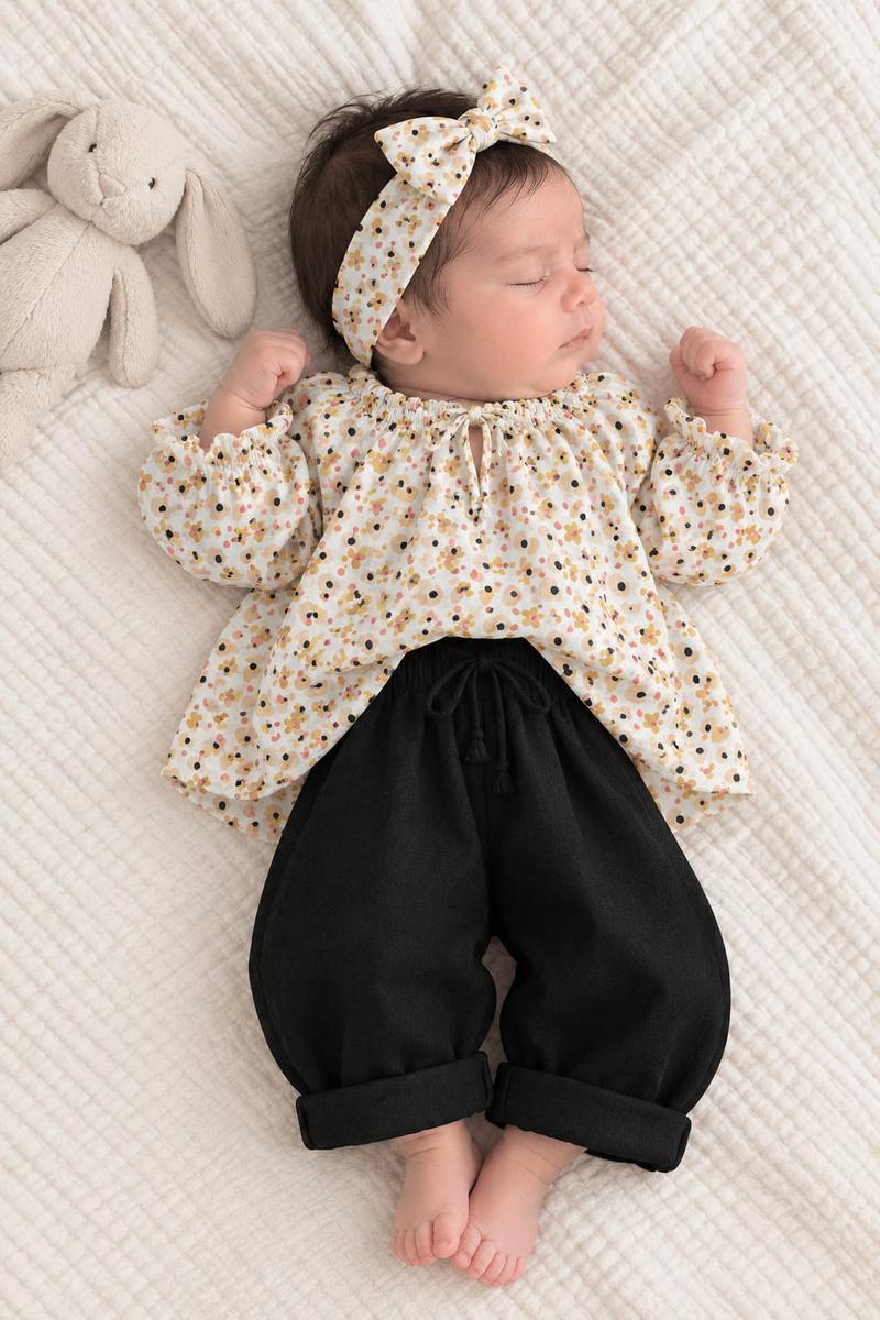 Baby Girl Mustard Floral Peasant Top & Black Trouser Set