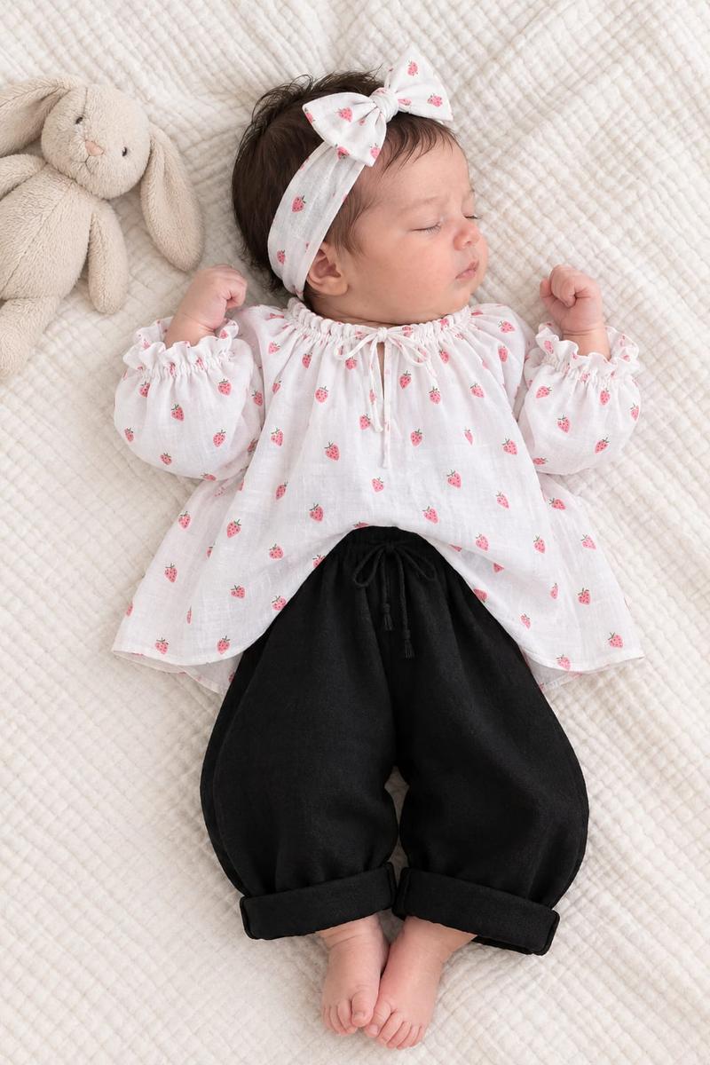 Baby Girls Sweet Strawberry Print Top & Black Trouser Set
