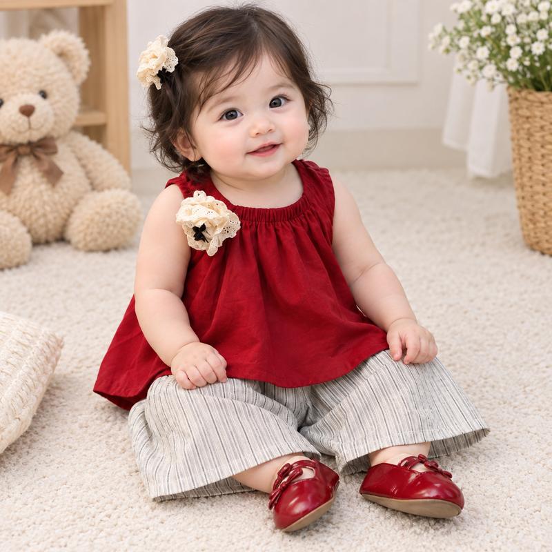 Crimson Floral & Striped Two-Piece Set